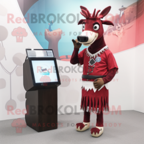 Maroon Okapi mascot costume character dressed with a Pencil Skirt and Digital watches