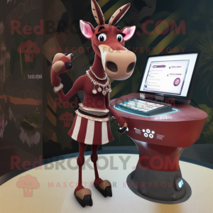 Maroon Okapi mascot costume character dressed with a Pencil Skirt and Digital watches