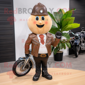 Tan Pear mascot costume character dressed with a Biker Jacket and Tie pins