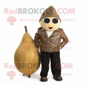 Tan Pear mascot costume character dressed with a Biker Jacket and Tie pins