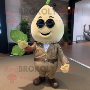 Tan Pear mascot costume character dressed with a Biker Jacket and Tie pins