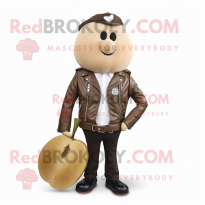 Tan Pear mascot costume character dressed with a Biker Jacket and Tie pins