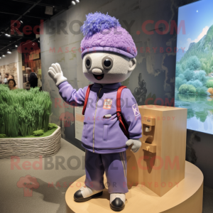 Lavender Ramen mascot costume character dressed with a Bomber Jacket and Messenger bags
