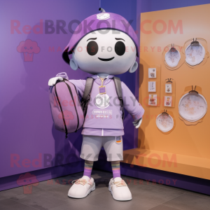 Lavender Ramen mascot costume character dressed with a Bomber Jacket and Messenger bags