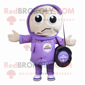 Lavender Ramen mascot costume character dressed with a Bomber Jacket and Messenger bags