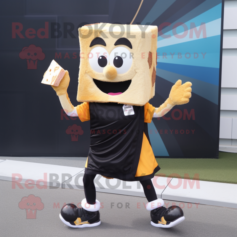 Black Grilled Cheese Sandwich mascot costume character dressed with a Running Shorts and Scarf clips