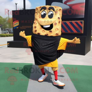 Black Grilled Cheese Sandwich mascot costume character dressed with a Running Shorts and Scarf clips