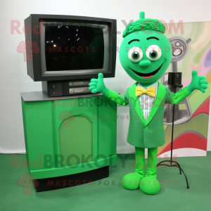 Green Television mascot costume character dressed with a Cocktail Dress and Ties