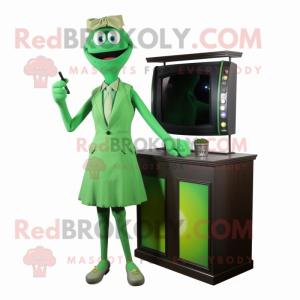 Green Television mascot costume character dressed with a Cocktail Dress and Ties