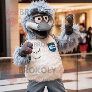 Gray Emu mascot costume character dressed with a Flare Jeans and Mittens