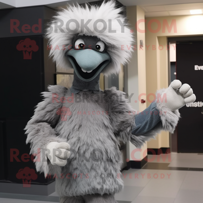 Gray Emu mascot costume character dressed with a Flare Jeans and Mittens Gray Emu mascot costume character dressed with a Flare Jeans and Mittens