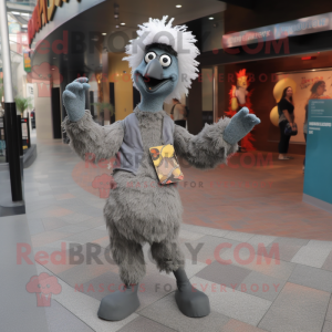 Gray Emu mascot costume character dressed with a Flare Jeans and Mittens