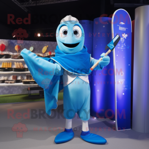 Blue Knife Thrower mascot costume character dressed with a Swimwear and Shawl pins