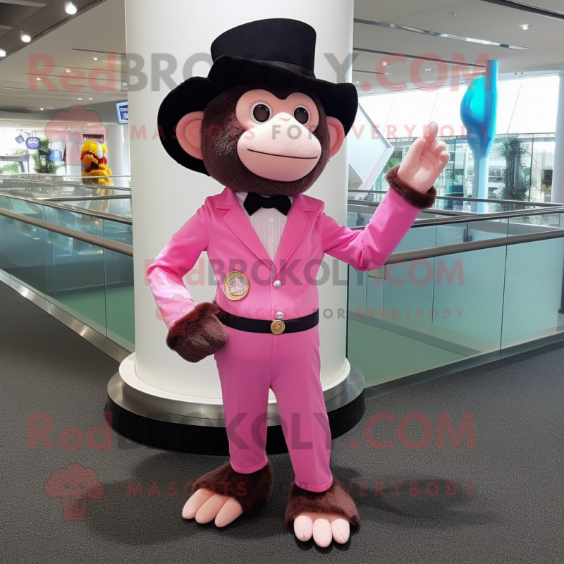 Pink Monkey mascot costume character dressed with a Dress Pants and Hat pins