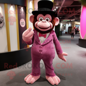 Pink Monkey mascot costume character dressed with a Dress Pants and Hat pins