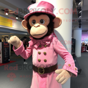Pink Monkey mascot costume character dressed with a Dress Pants and Hat pins