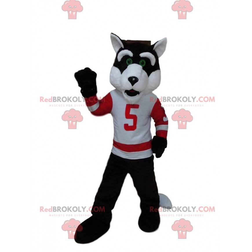 Mascota lobo en ropa deportiva, traje de lobo deportivo -