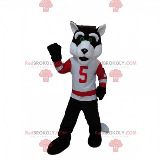 Mascote lobo em roupas esportivas, traje esportivo de lobo -