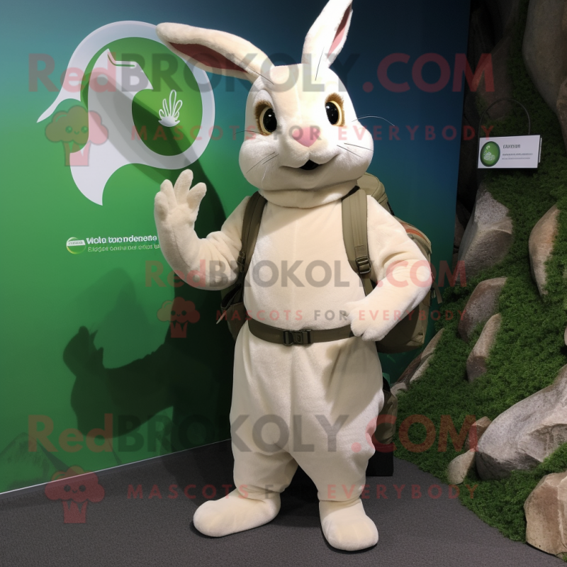 Cream Wild Rabbit mascot costume character dressed with a Turtleneck and Backpacks