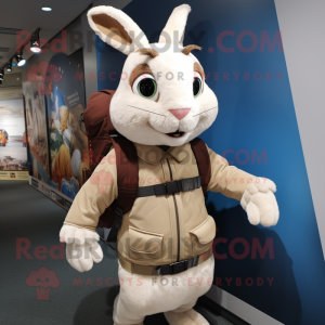 Cream Wild Rabbit mascot costume character dressed with a Turtleneck and Backpacks