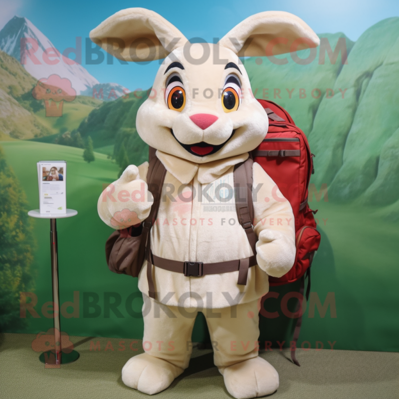 Cream Wild Rabbit mascot costume character dressed with a Turtleneck and Backpacks