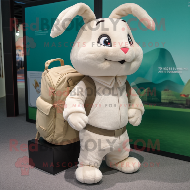 Cream Wild Rabbit mascot costume character dressed with a Turtleneck and Backpacks