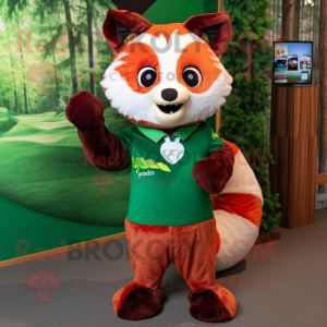 Forest Green Red Panda mascot costume character dressed with a A-Line Dress and Headbands