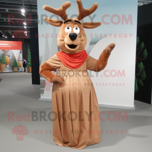 Rust Reindeer mascot costume character dressed with a Maxi Dress and Cummerbunds