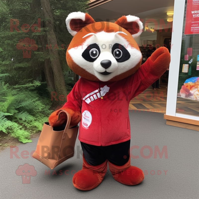 nan Red Panda mascot costume character dressed with a Trousers and Tote bags nan Red Panda mascot costume character dressed with a Trousers and Tote bags