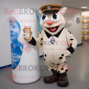 Tan Bottle Of Milk mascot costume character dressed with a Oxford Shirt and Watches