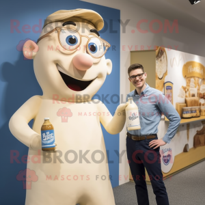 Tan Bottle Of Milk mascot costume character dressed with a Oxford Shirt and Watches