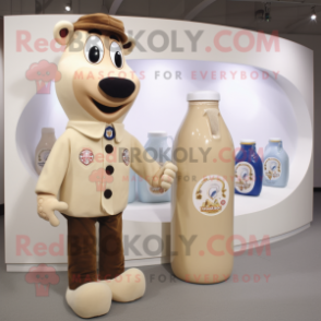 Tan Bottle Of Milk mascot costume character dressed with a Oxford Shirt and Watches