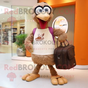 Brown Ostrich mascot costume character dressed with a Board Shorts and Handbags