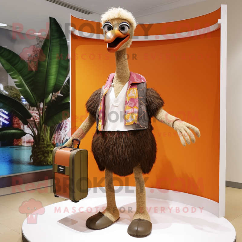 Brown Ostrich mascot costume character dressed with a Board Shorts and Handbags