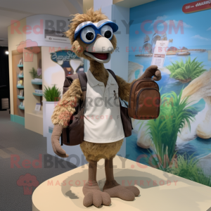 Brown Ostrich mascot costume character dressed with a Board Shorts and Handbags