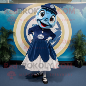 Navy Barracuda mascot costume character dressed with a Circle Skirt and Lapel pins