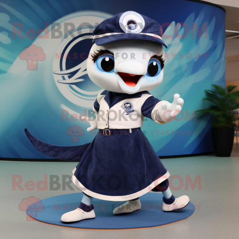 Navy Barracuda mascot costume character dressed with a Circle Skirt and Lapel pins Navy Barracuda mascot costume character dressed with a Circle Skirt and Lapel pins