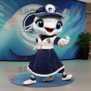 Navy Barracuda mascot costume character dressed with a Circle Skirt and Lapel pins