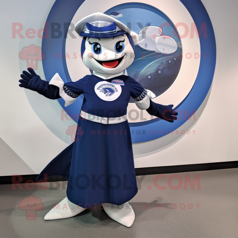 Navy Barracuda mascot costume character dressed with a Circle Skirt and Lapel pins