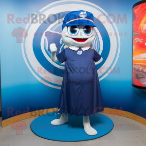 Navy Barracuda mascot costume character dressed with a Circle Skirt and Lapel pins