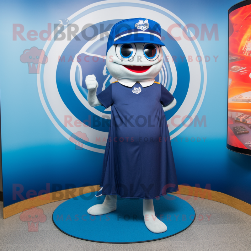 Navy Barracuda mascot costume character dressed with a Circle Skirt and Lapel pins