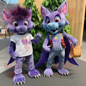 Purple Fruit Bat mascot costume character dressed with a Boyfriend Jeans and Hair clips