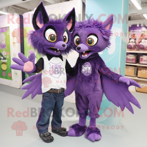 Purple Fruit Bat mascot costume character dressed with a Boyfriend Jeans and Hair clips