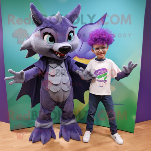 Purple Fruit Bat mascot costume character dressed with a Boyfriend Jeans and Hair clips