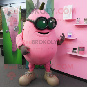 Pink Grenade mascot costume character dressed with a Sweater and Eyeglasses
