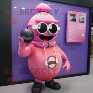 Pink Grenade mascot costume character dressed with a Sweater and Eyeglasses