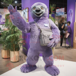 Lavender Giant Sloth mascot costume character dressed with a Boyfriend Jeans and Clutch bags