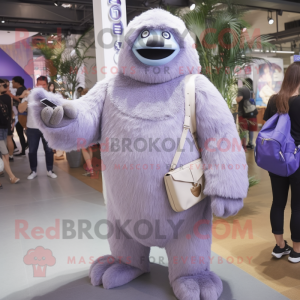 Lavender Giant Sloth mascot costume character dressed with a Boyfriend Jeans and Clutch bags