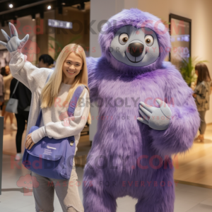 Lavender Giant Sloth mascot costume character dressed with a Boyfriend Jeans and Clutch bags