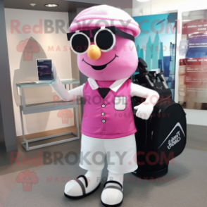 Pink Golf Bag mascot costume character dressed with a Waistcoat and Eyeglasses